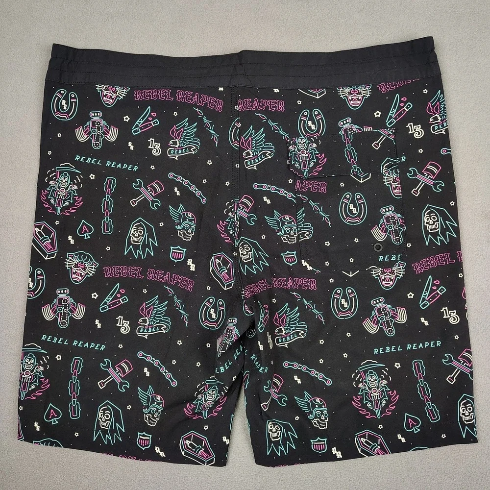 Rebel Reaper Boardshorts Swim Trunks Men 3XL Black Shorts Tattoo Print Biker NEW